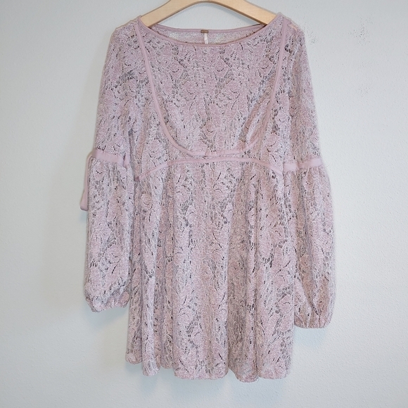Free People Ruby Mauve Crochet Lace Boho Victorian Mini Dress Sz XS Fairycore - Picture 1 of 9